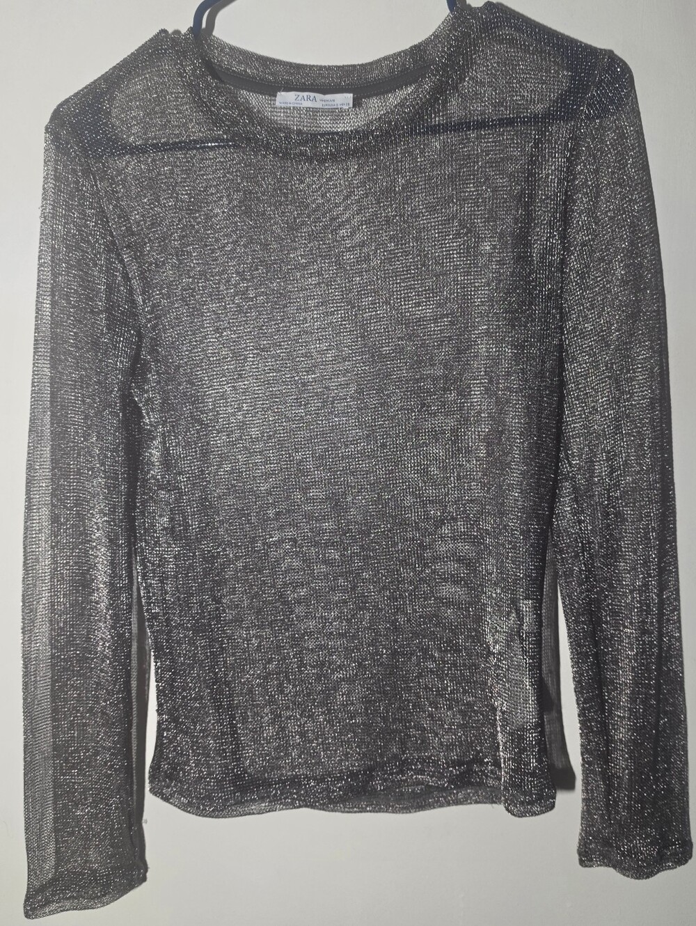 ZARA Women's Sheer Metallic Long-Sleeve Top — Silver